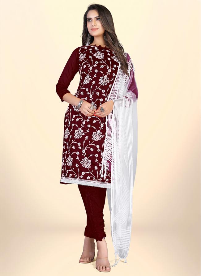 Chanderi Cotton Maroon Festival Wear Embroidery Work Straight Suit